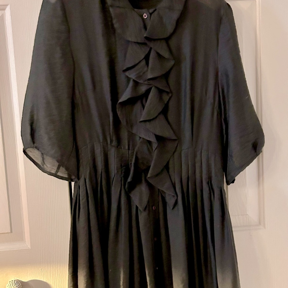 Malene Birger Semi Sheer Button front, Ruffle Black Dress, Medium